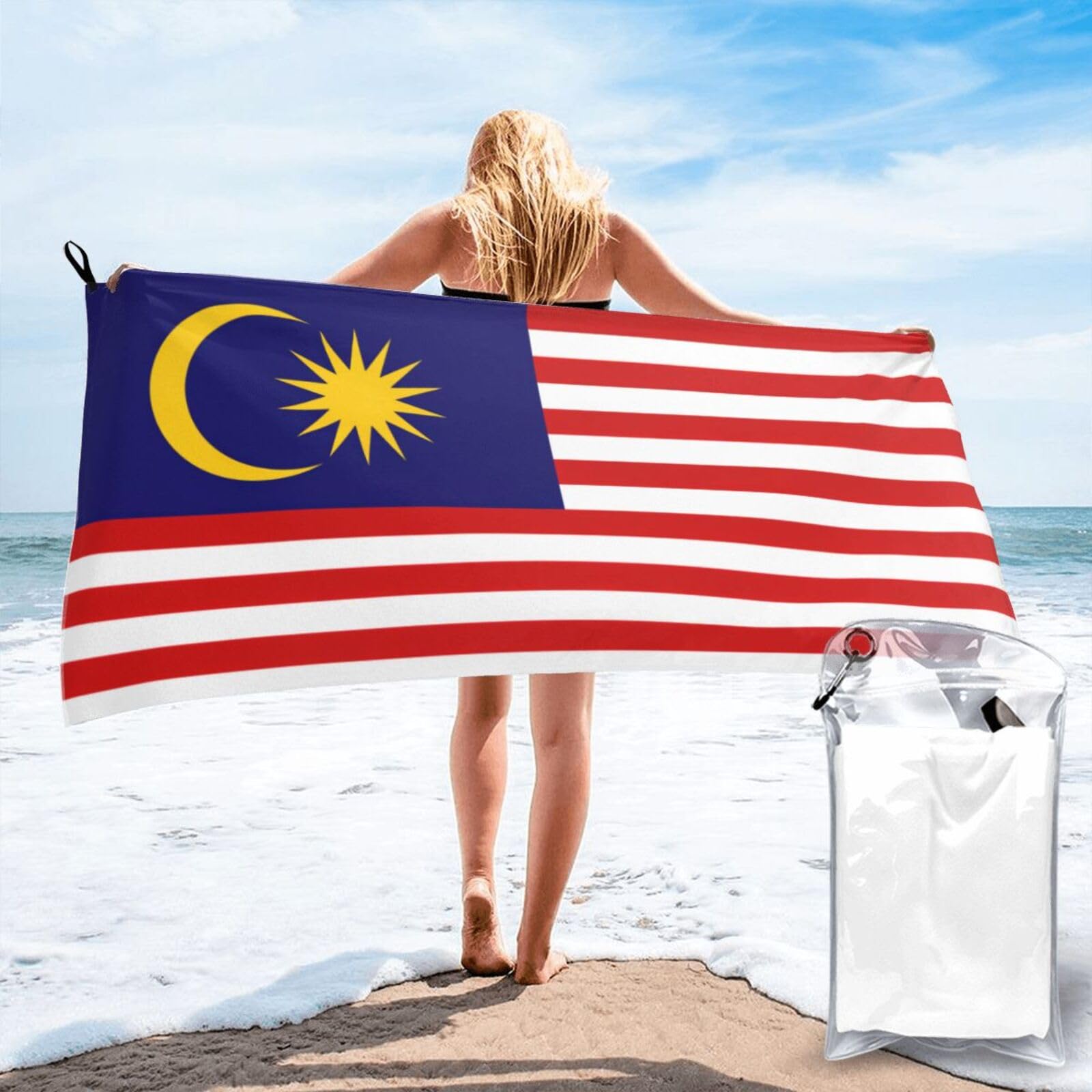 DIEzig Malaysia Flag Print Beach Towel Fast Dry Thin For Holiday Vacation Cruise Gym Swimmers
