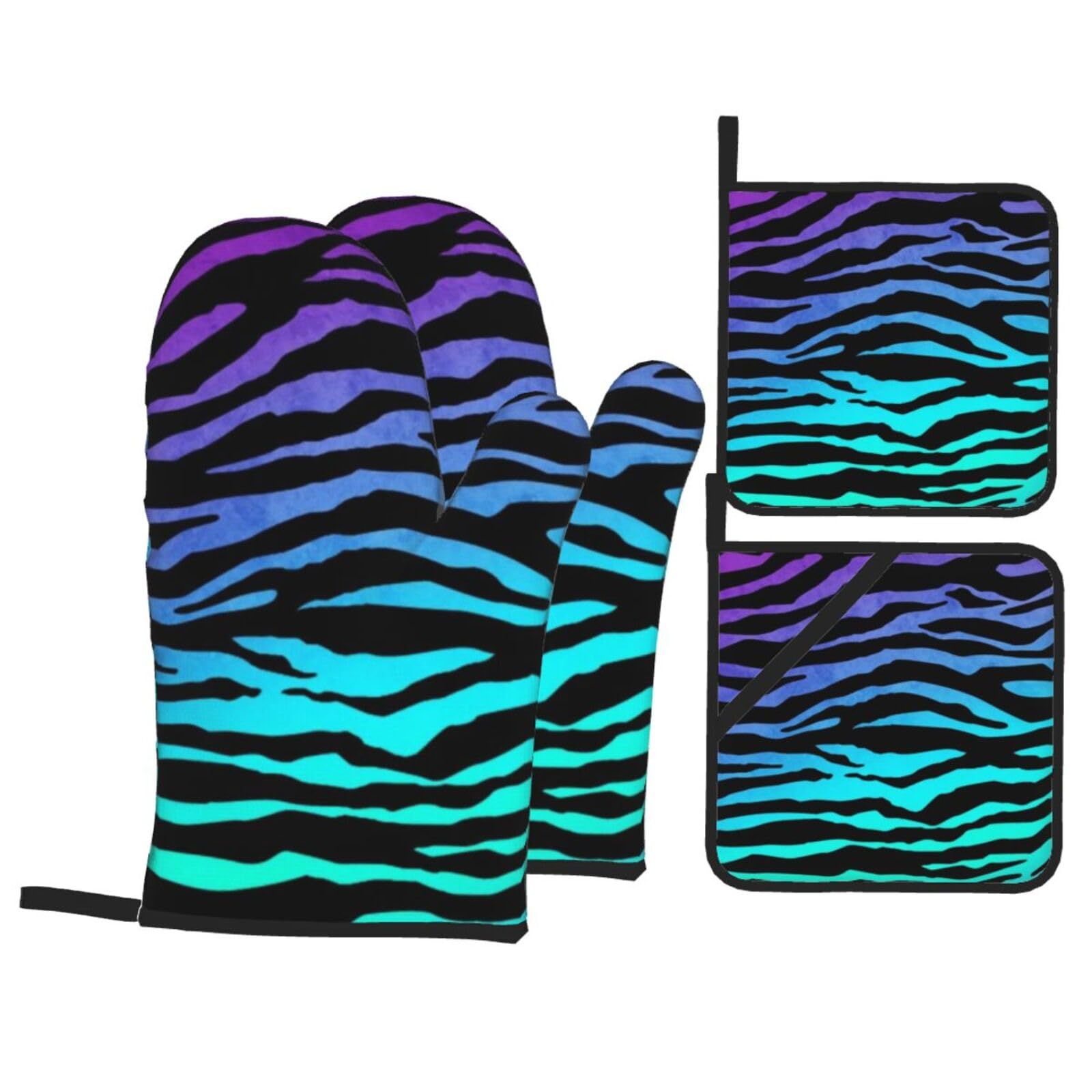 Purple Blue Green Camouflage Zebra Stripes Print Stylish Heat-Resistant Oven 4-Piece Set Kitchen Gloves Roasting Daily Cooking