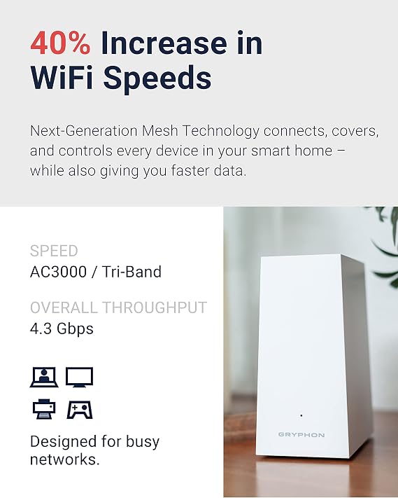 Gryphon AX Ultra-Fast Mesh WiFi 6 Parental Control Router Advanced Content Filters and Next-Gen Firewall - 4.3 Gbps Across 3,000 sq. ft. per Router for Multi-Device Households