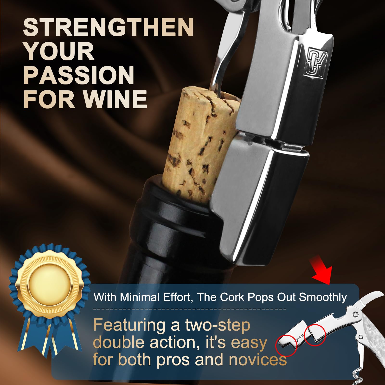 Cavatappi Professionale CORKAS Per Vino - A Leva, Con Coltello E Apribirille, Manico In Legno - Foto 2