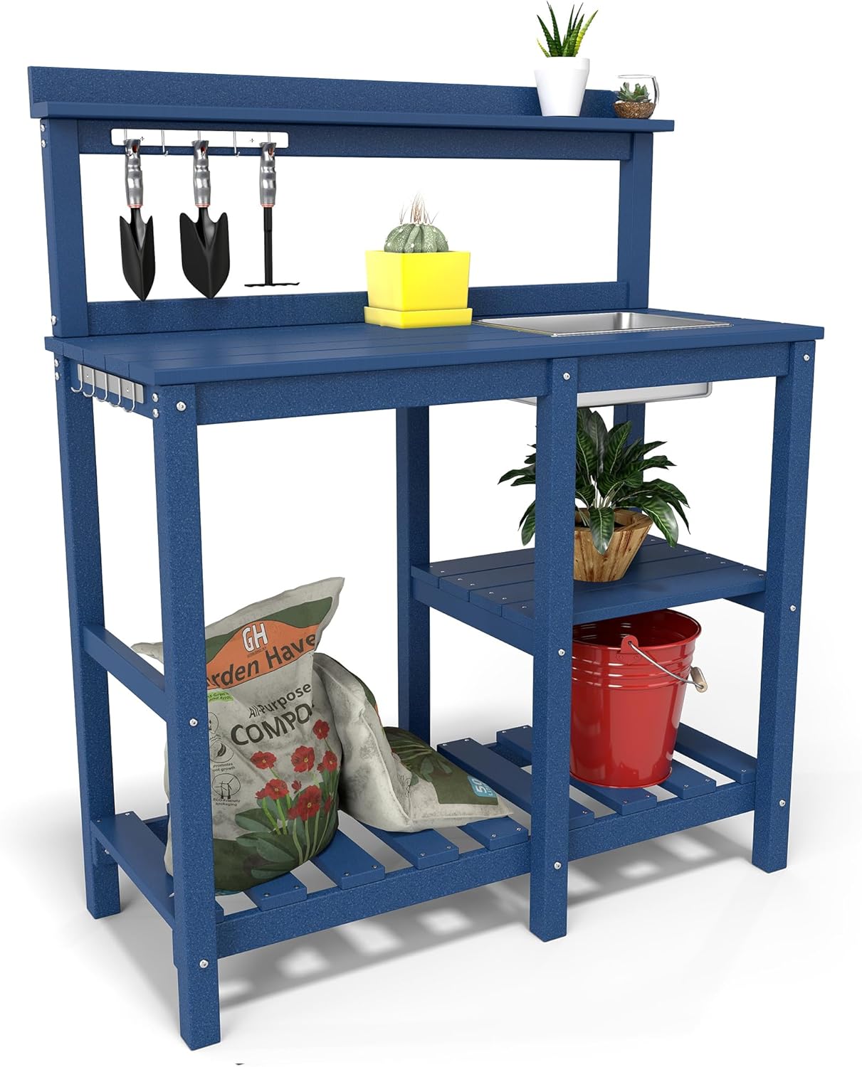 Potting Bench, Outdoor Potting Bench with Sink, Hooks, HDPE All Weather Potting Table, Suitable for Patio, Porch, Garden, Yard, Navy Blue