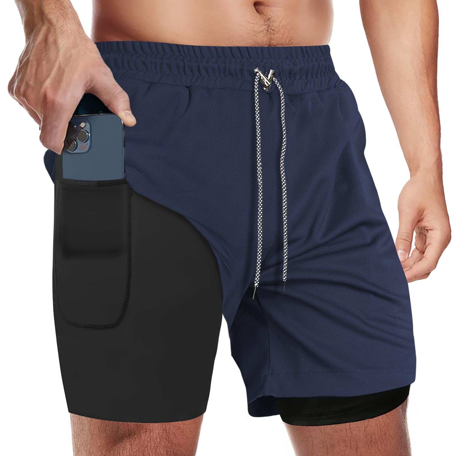 candyfouse Men's 2 in 1 Running Shorts, Quick Dry Workout Shorts with Liner, Athletic Shorts with Zip Pockets and Towel Loop