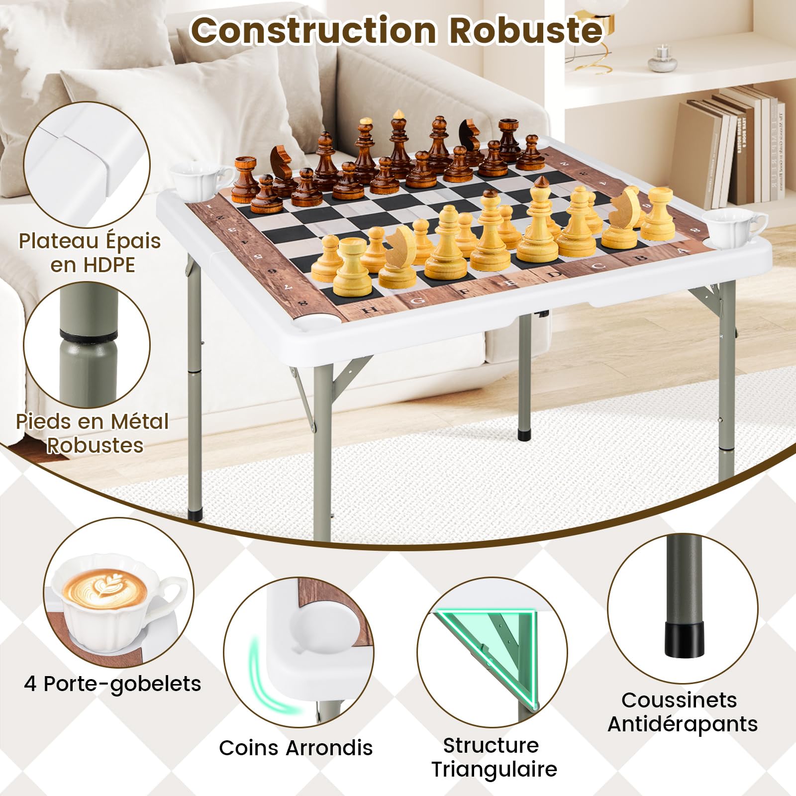 COSTWAY Table d'échecs Pliable 90x90cm avec Tapis & 4 Porte-gobelets, Table Carrée de Jeu en Plastique Portable avec Poignée & Patins Antidérapants, Echiquier pour Fête Pique-Nique Camping