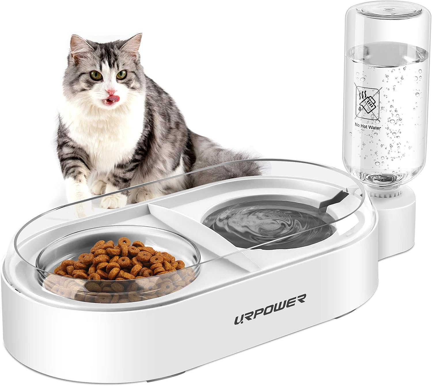 URPOWER Cat Bowls Small Dog Bowls 2 in 1 Water Food Bowl Non Slip Anti Spill Stable Design Separation Double Bowls with 17oz Automatic Water Dispenser Pet Food Water Dish for Cats Small Dogs and Pets