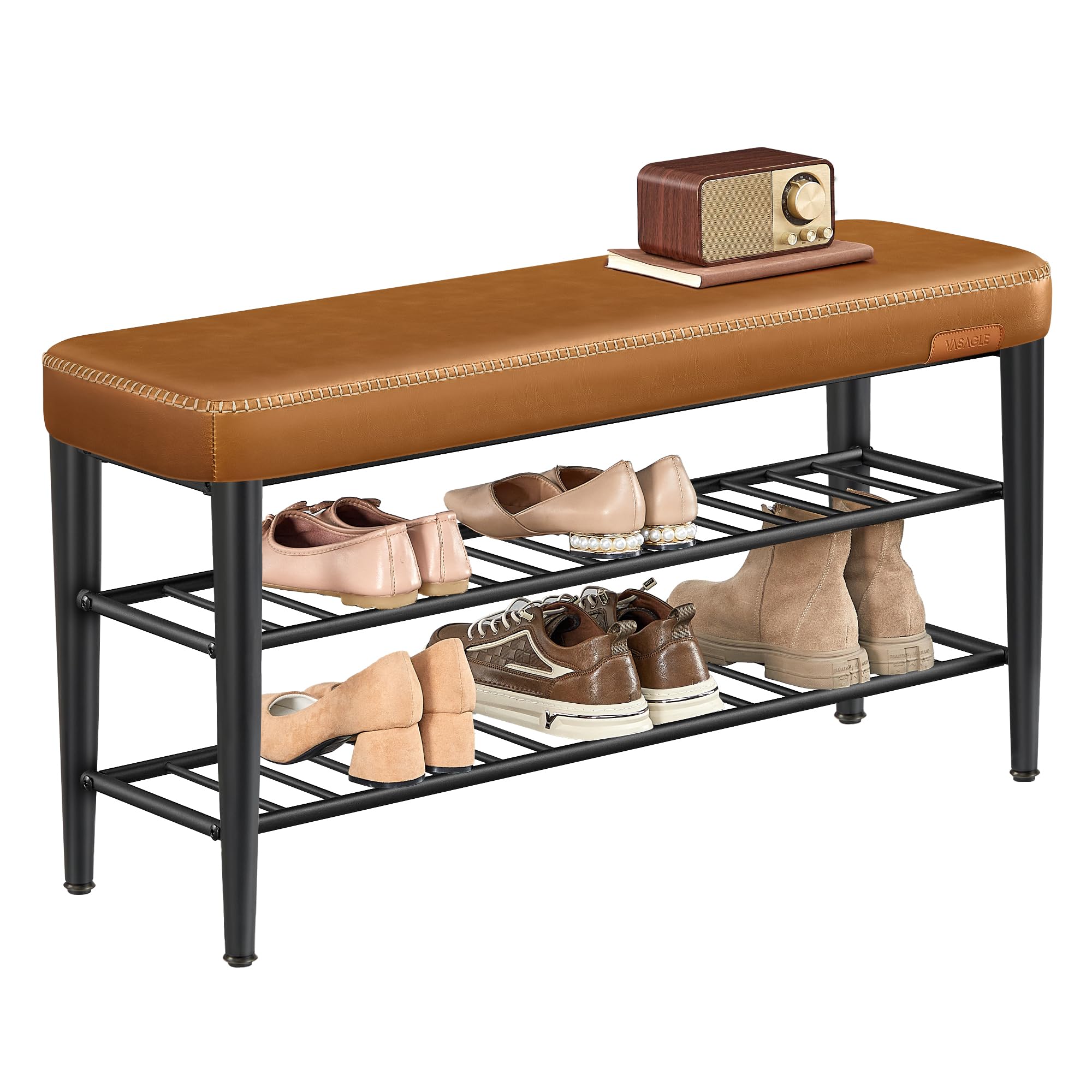 VASAGLE EKHO Kollektion - Schuhbank, Sitzbank, Sitztruhe, Eingangsbereich, Kunstleder, Nähte, Mid-Century-Modern-Stil, modern, bis 135 kg belastbar, 30 x 100 x 50 cm, karamellbraun LSB113K01