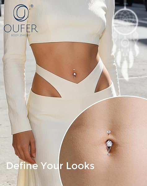 OUFER Body Piercing Belly Body: 14G Stainless Steel Belly Ring with CZ, 10mm Inner Thread, Clear CZ Pendant for Belly Bar Jewelry - 4
