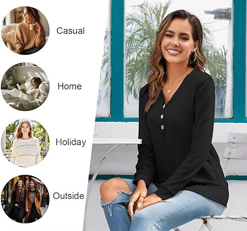 Miniatura 5 de HOTGIFT Blusa tipo túnica de manga larga con cuello en V y botones para mujer 2026
