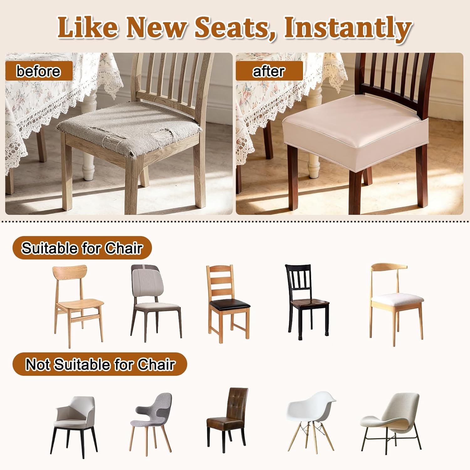 Dioxide Chair Covers Waterproof Pu Leather Seat Covers for Dining Room Chairs Set of 6,Soft Chairs Seat Slipcovers with Anti-Slip Elastic Band Protector Cover Stretch Kitchen Seat Covers(Light Camel)