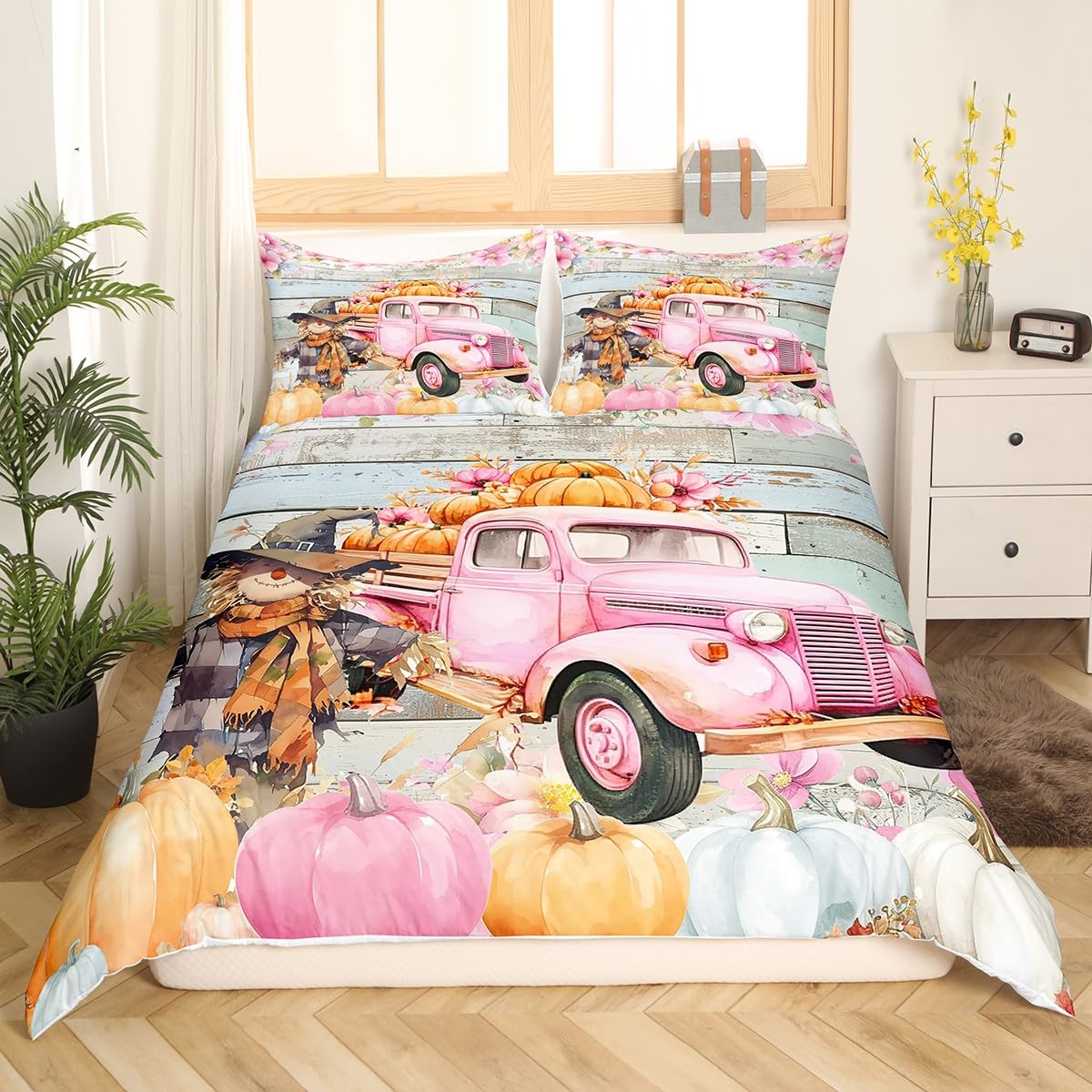 Castle Fairy 2 Pieces Watercolor Wooden Stripes Duvet Cover Twin Size for Teens Youth,Fall Harvest Pumpinks Scarecrow Comforter Cover,Cartoon Truck Pink Country Super Soft Bedding (Not Comforter)
