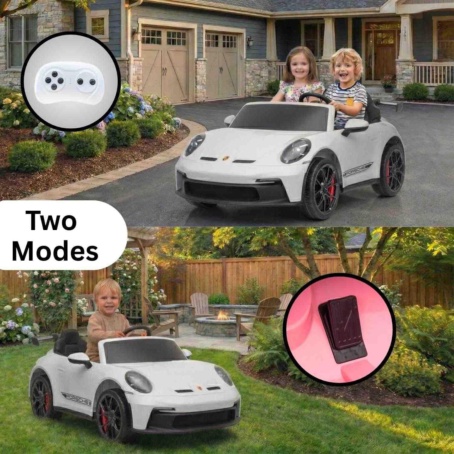 Elektrisches Kinderauto Porsche 911 24V mit 4x4-Antrieb, weiß, Zwei Sitze, 2,4-GHz-Fernbedienung, USB/AUX-Eingang, 200W-Motoren, Federung, Lithium-Batterie, LED-Leuchten vorne und hinten