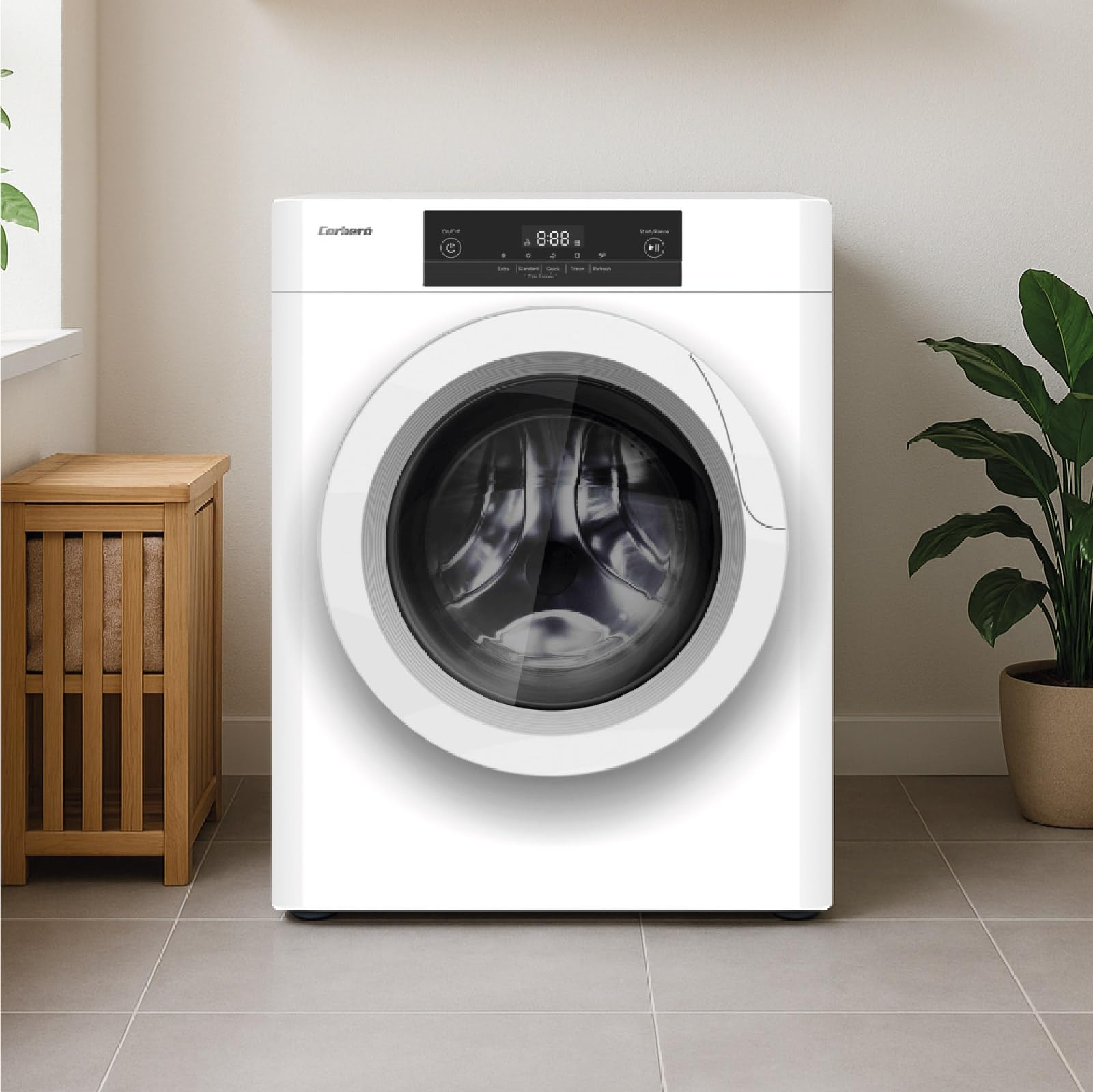 Corberó CSM320W Sèche-linge d'évacuation Charge avant, 3 kg, Évacuation, Affichage LED, Blanc, 5 programmes, séchage rapide 45 min, ouverture 180°, 65dB, Efficacité énergétique C