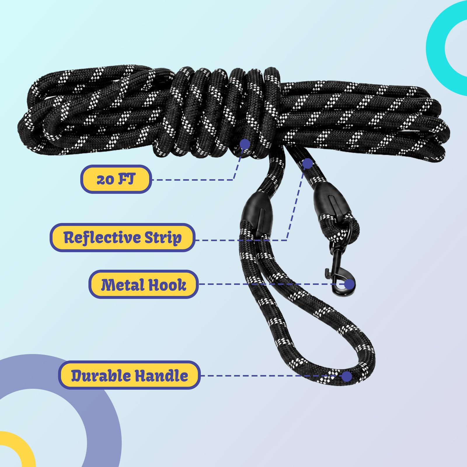2 correas de entrenamiento para perros medianos y grandes, 20 pies de largo, color negro