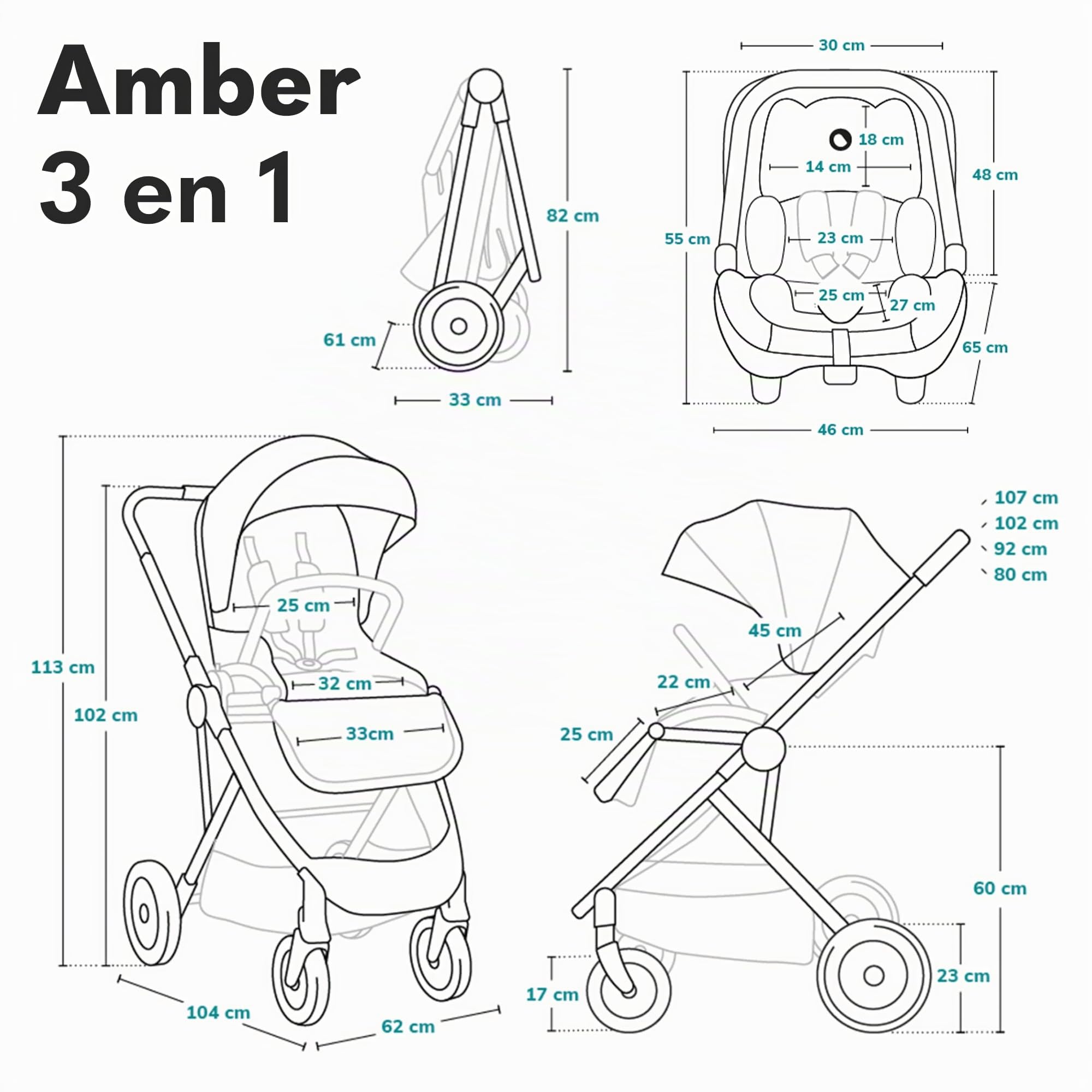 LIONELO Amber 3 in 1 poussette multifonctionnellle, landau, ensemble poussette avec siège sport et nacelle fixe, sac, moustiquaire, couvrir, feuille de pluie mit siege auto (Pink)