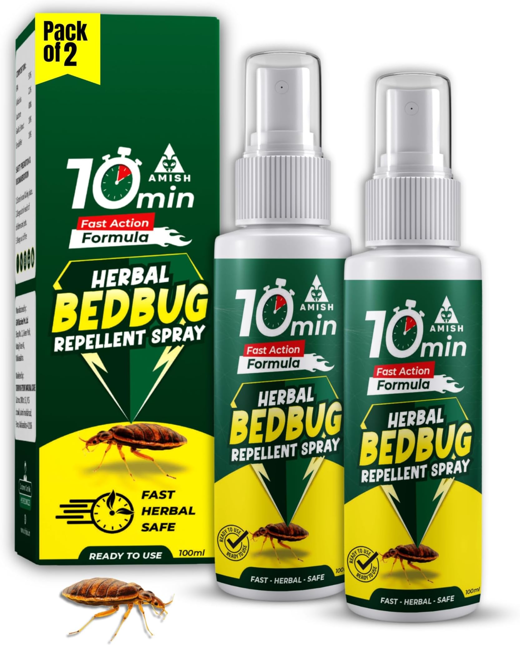 Amish Herbal Bedbug Spray 100ml Pack of 2 | Powerful Bed Bugs Repel Spray for Bed, Mattress & Furniture | Organic Khatmal Repellent for Home | Odorless Herbal Pest Control