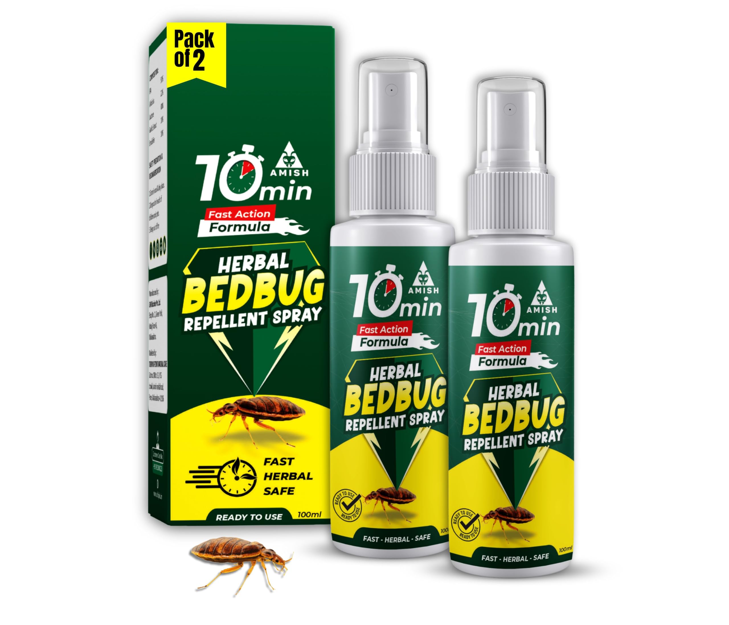 Amish Herbal Bed Bug Spray 100ml Pack of 2 | 10-Minute Formula for Khatmal Control | 100% Organic & Chemical-Free Formula | Powerful Instant Action BedBug Repellent for Home