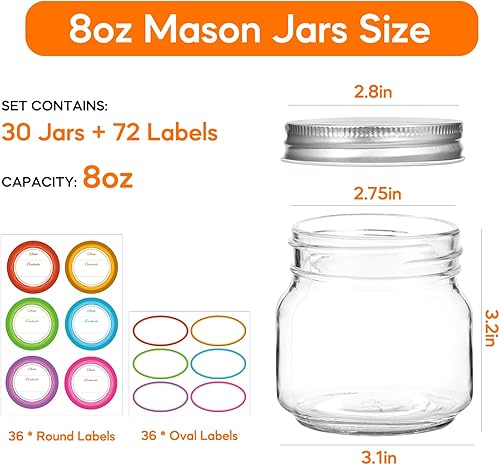 Miniatura 2 de Paquete de 30 tarros pequeños de 8 onzas con tapas, tarros de media pinta con 72 etiquetas gratis, tarros de vidrio de boca regular para enlatar,
