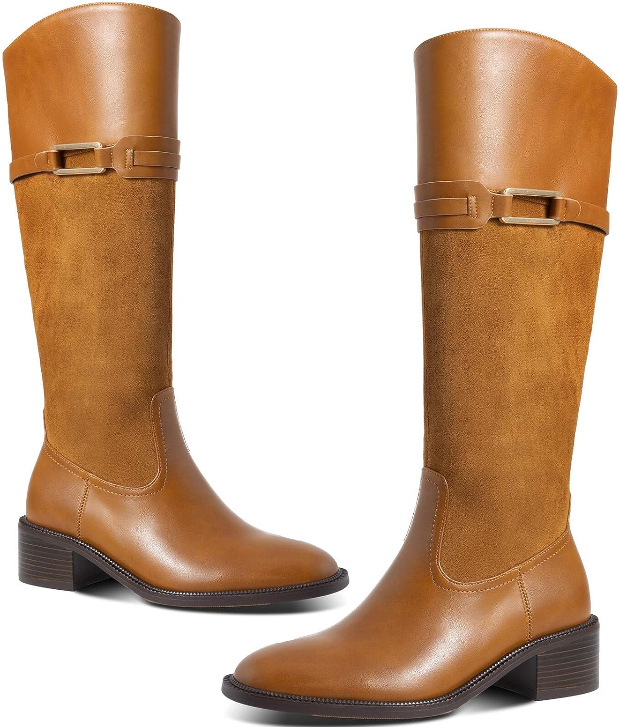 Women's Knee High Boots Round Toe Chunky Block Heel Side Zipper Buckle Riding Boots - Image 5