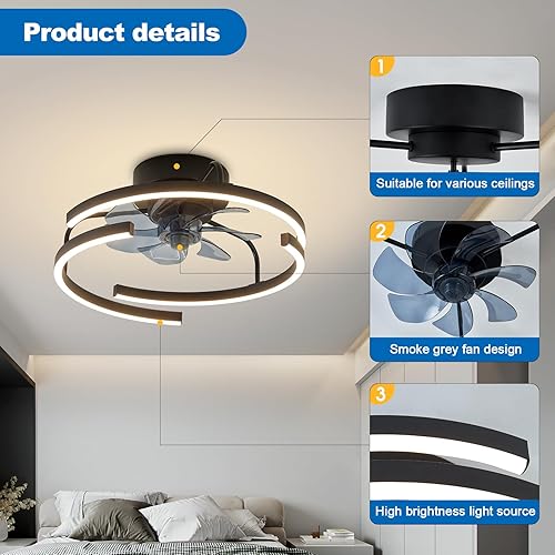 Miniatura 4 de XHCAJO Ventiladores de techo modernos con luces y control remoto de 17.71 pulgadas, ventilador de techo empotrado de perfil bajo con luz LED negro