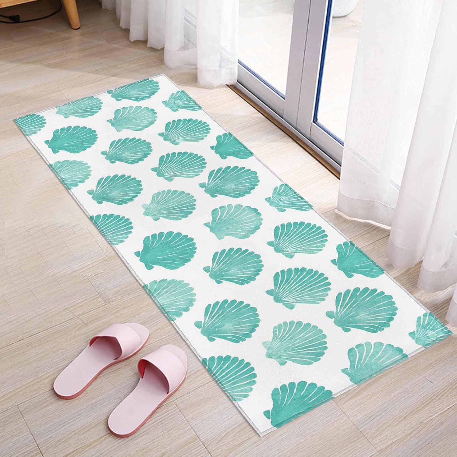 Teamery Kitchen Mats for Floor Summer Turquoise Seashell Washable Non Slip Kitchen Rugs 1PCS, Marine Life Shell Absorbent Standing Mats for Sink Bathroom Office Living Room 15.7x47.2in