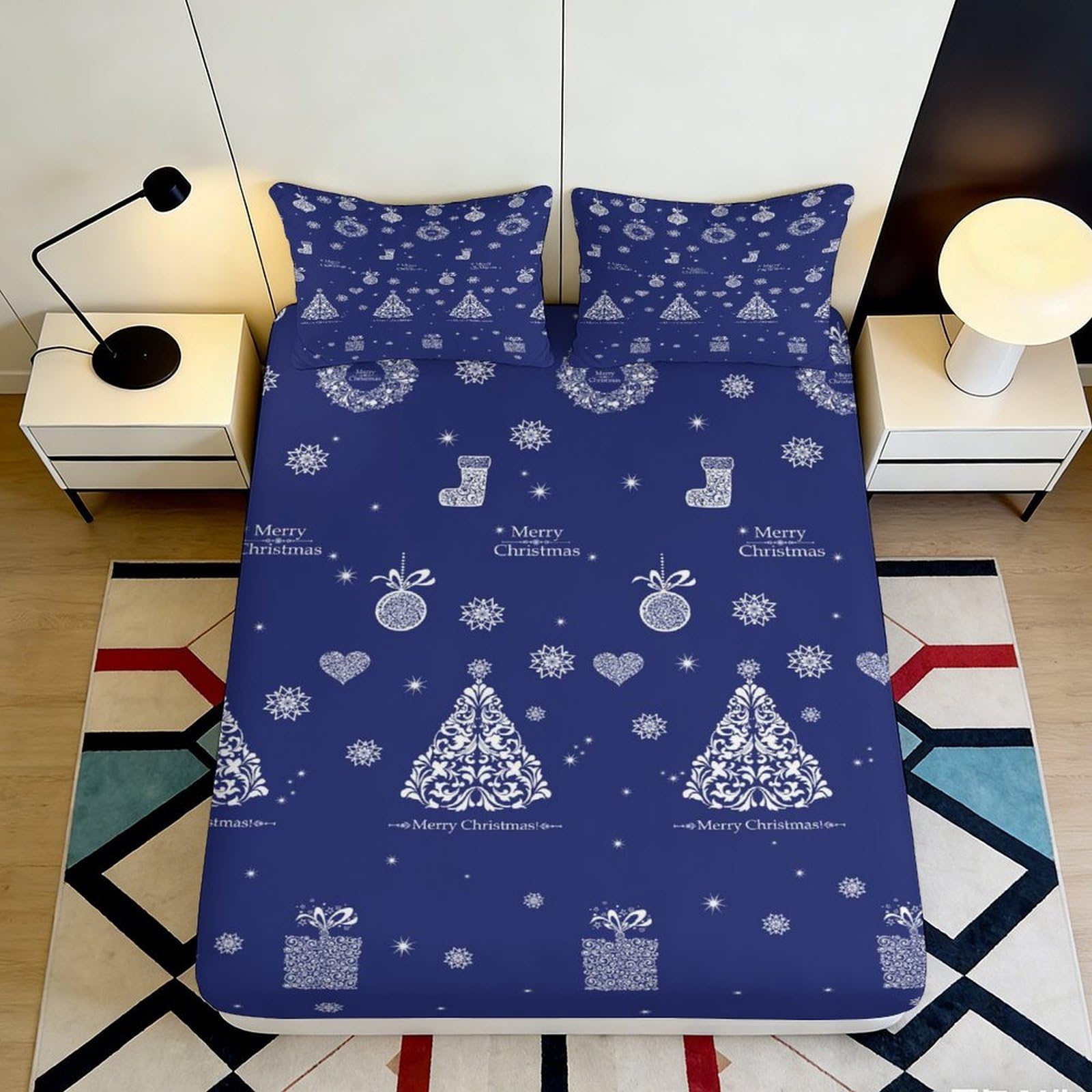 3D Printed Christmas Tree Fitted Sheet Microfiber Blue Snowflake Bed Cover for Bedroom Guest Room Dorm Mattress Protection 90x200x25cm