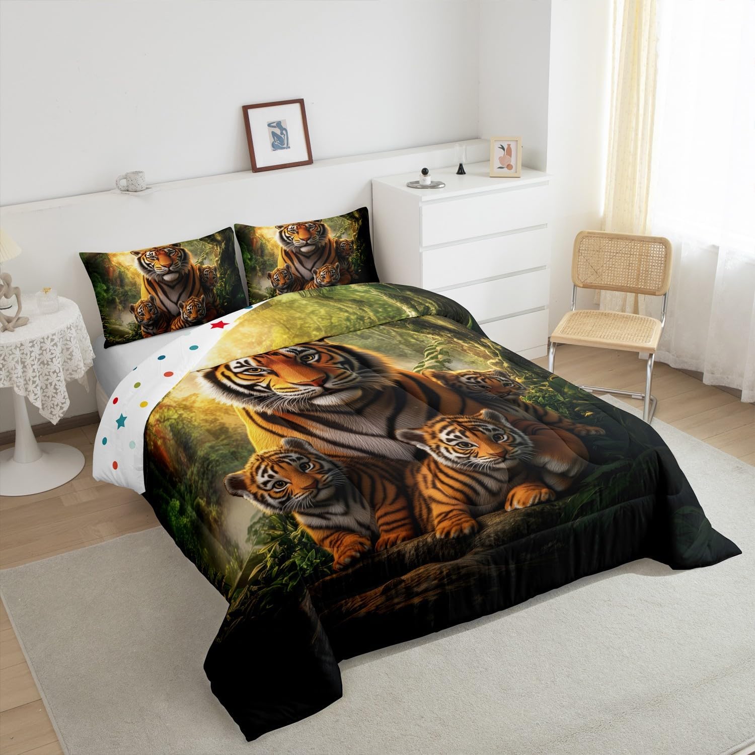 Castle Fairy Jungle Tiger Family Comforter Full,Animal King Wildlife Tropical Plants Quilt Comforter with 2 Pillowcases,Safari Animal Yellow Black Stripes Bedding Set Comfortable,Soft and Breathable - Image 4