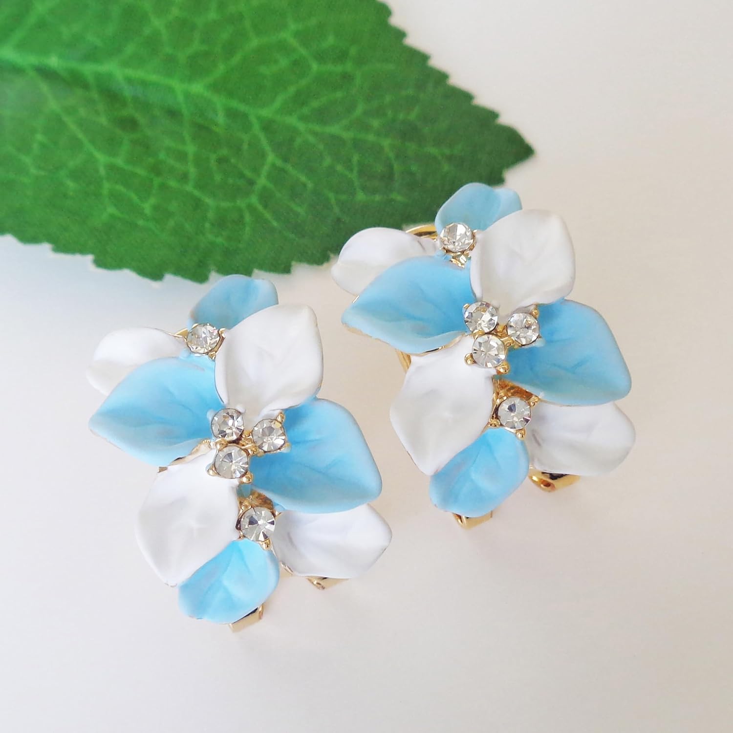 Navachi 18k Gold Plated White Crystal Double Enamel Leaves Flower Omega Back Earrings - Image 6