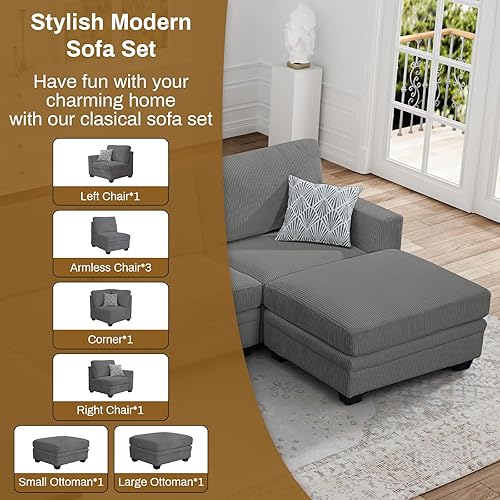 Miniatura 8 de Legend Vansen Sofá modular de gran tamaño, sofá en forma de U de 8 asientos con otomana, sofá de pana con asiento profundo, sofás seccionales