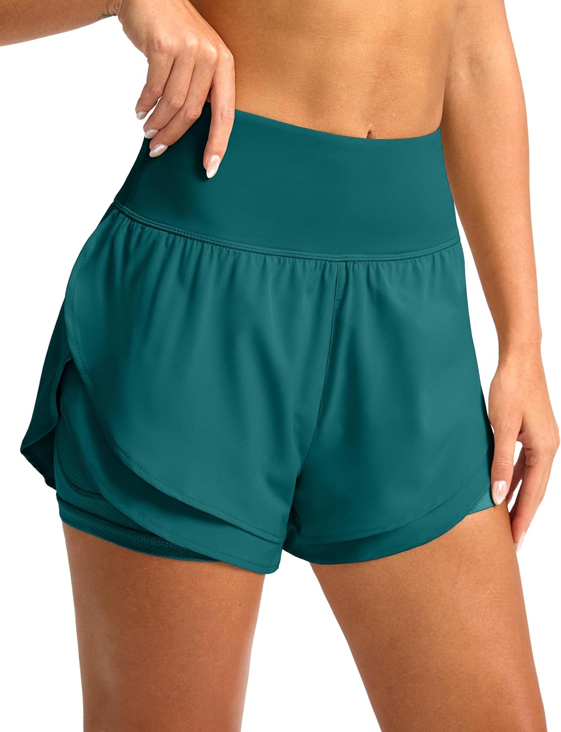 SANTINY Women's 2 in 1 Running Shorts with Pockets 3" High Waisted Exercise Workout Athletic Shorts for Women with Liner