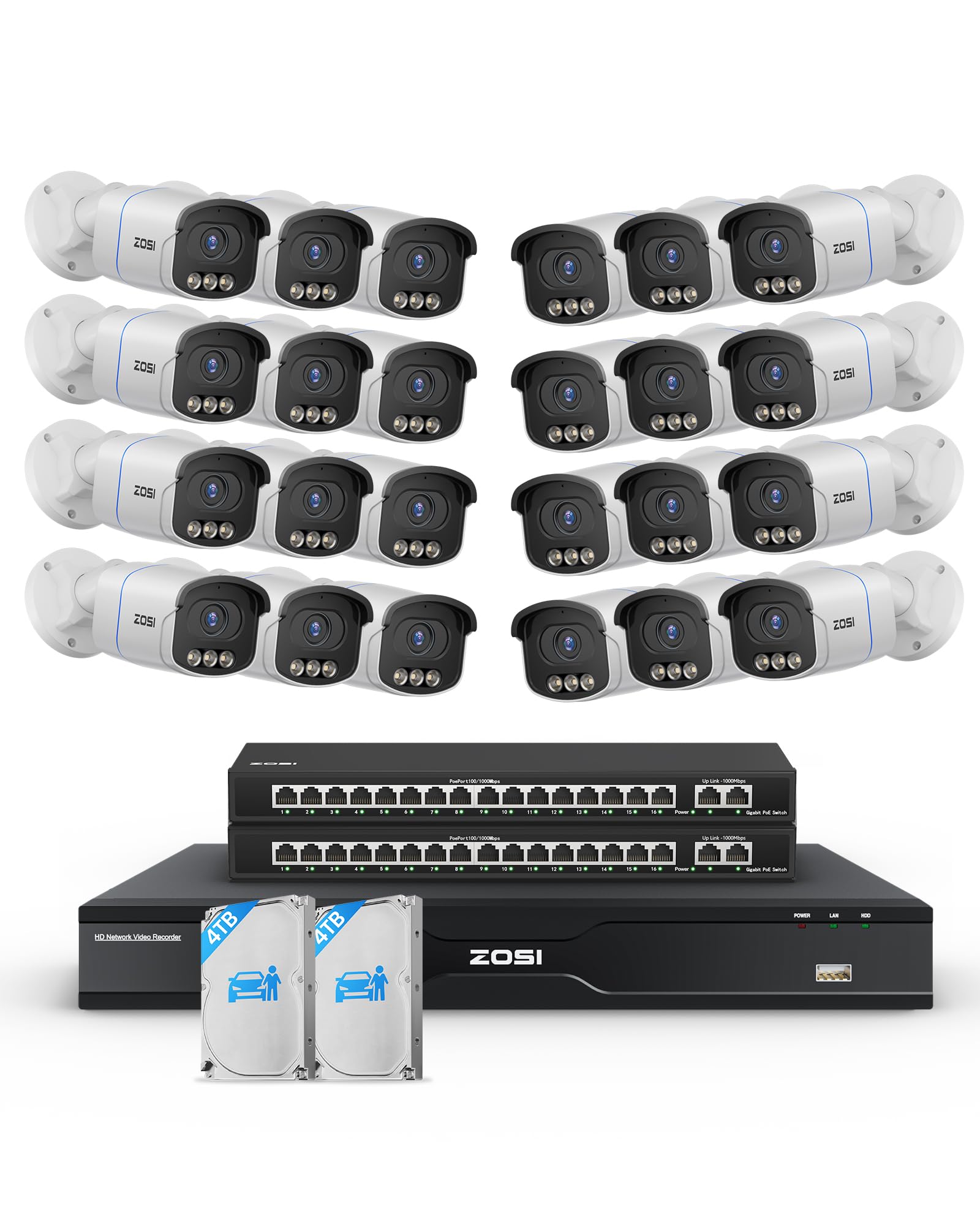 ZOSI 32CH 4K PoE Security Camera System, 24pcs 8MP True Full Color Night Vision Outdoor PoE Cameras, Person Vehicle Detection, Spotlight Siren, 2 Way Audio, 32CH NVR with 8TB HDD for 24/7 Recording