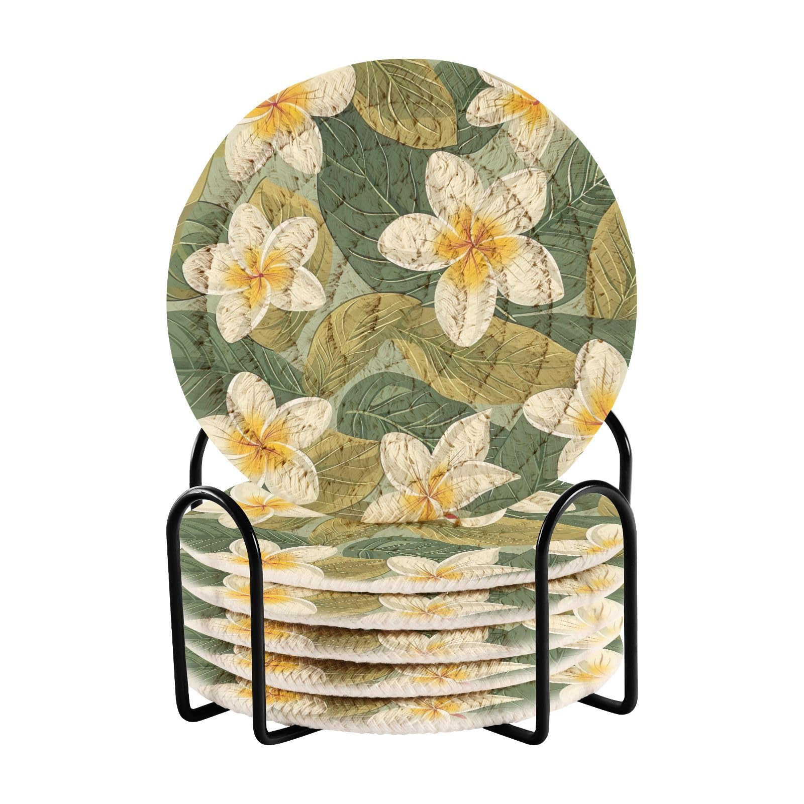 Lyeorm Frangipani Flowers Drink Coasters with Holder Absorbent Coaster Set of 6 Woven Coaster for Home Decor Tabletop Protection