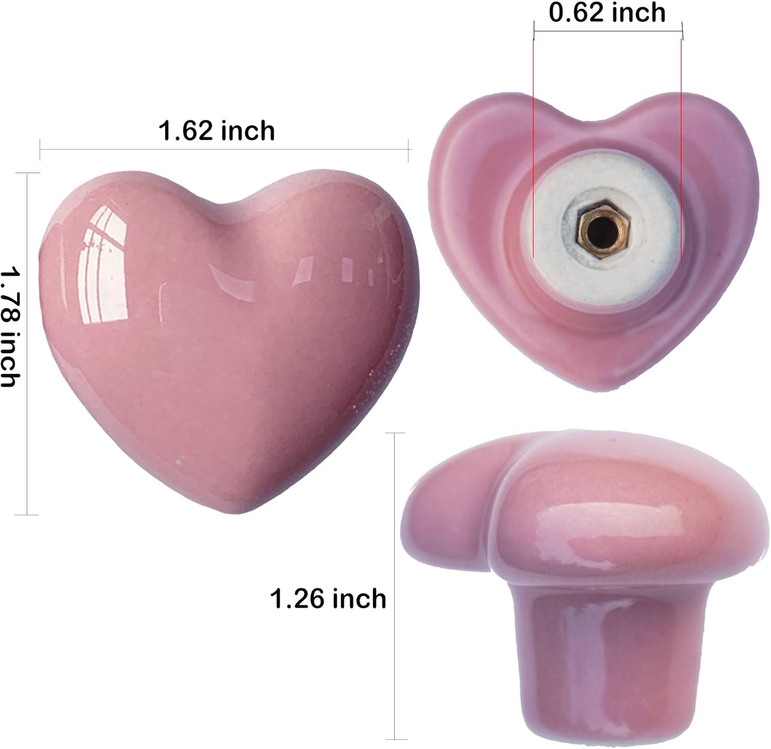 Ceramic Drawer Knobs Heart Shape Cabinet Dresser Pulls Handles with 3 Sized Screws, Kitchen Furniture Knobs for Closet Cupboard Wardrobe (6 Pack, Pink)