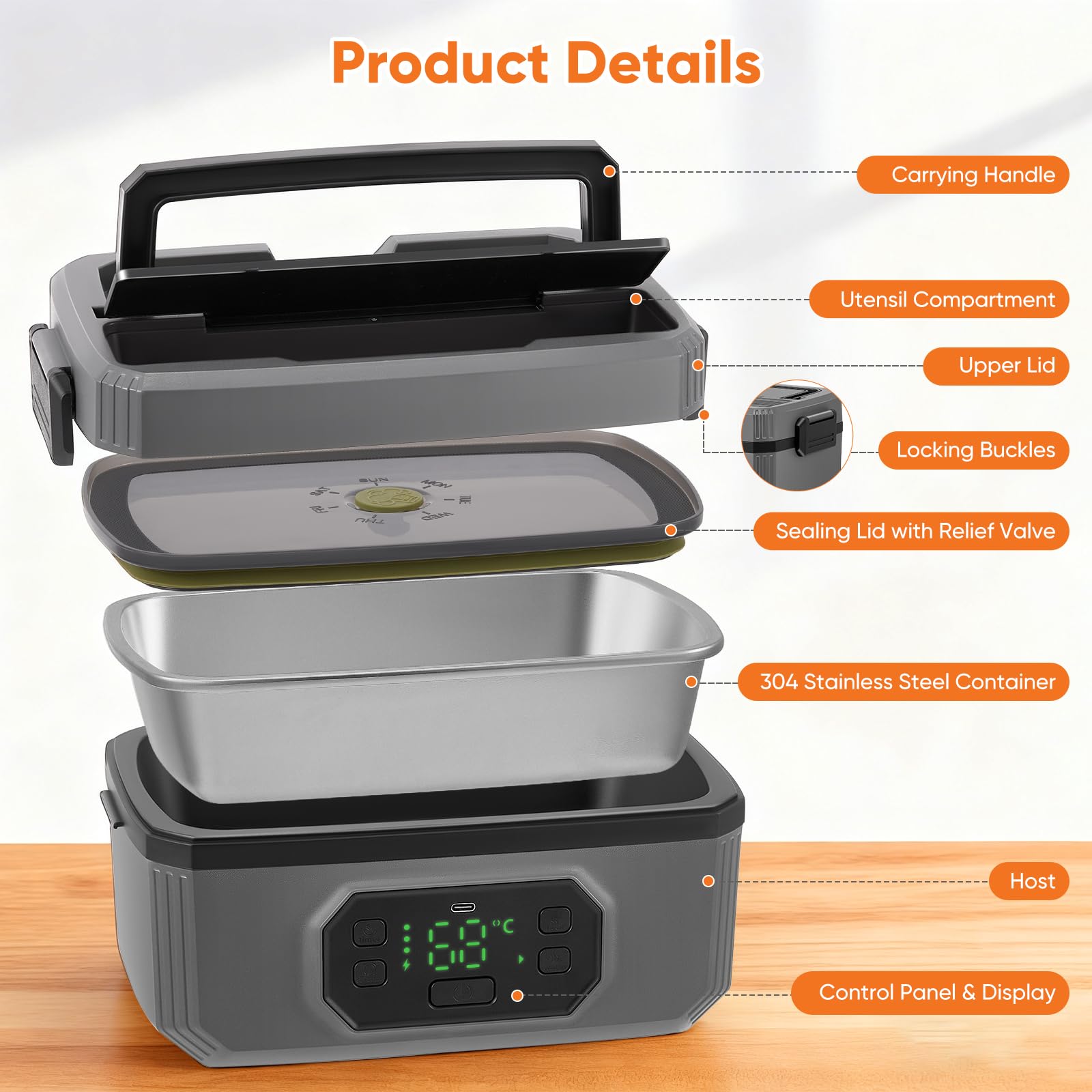 Fiambrera Eléctrica Sin Cables 1.3 L,Tupper Calentador para Comida,Recargable para Almuerzo Eléctrico con Batería 24000mAh, Para Coche Camión Oficina y Trabajo