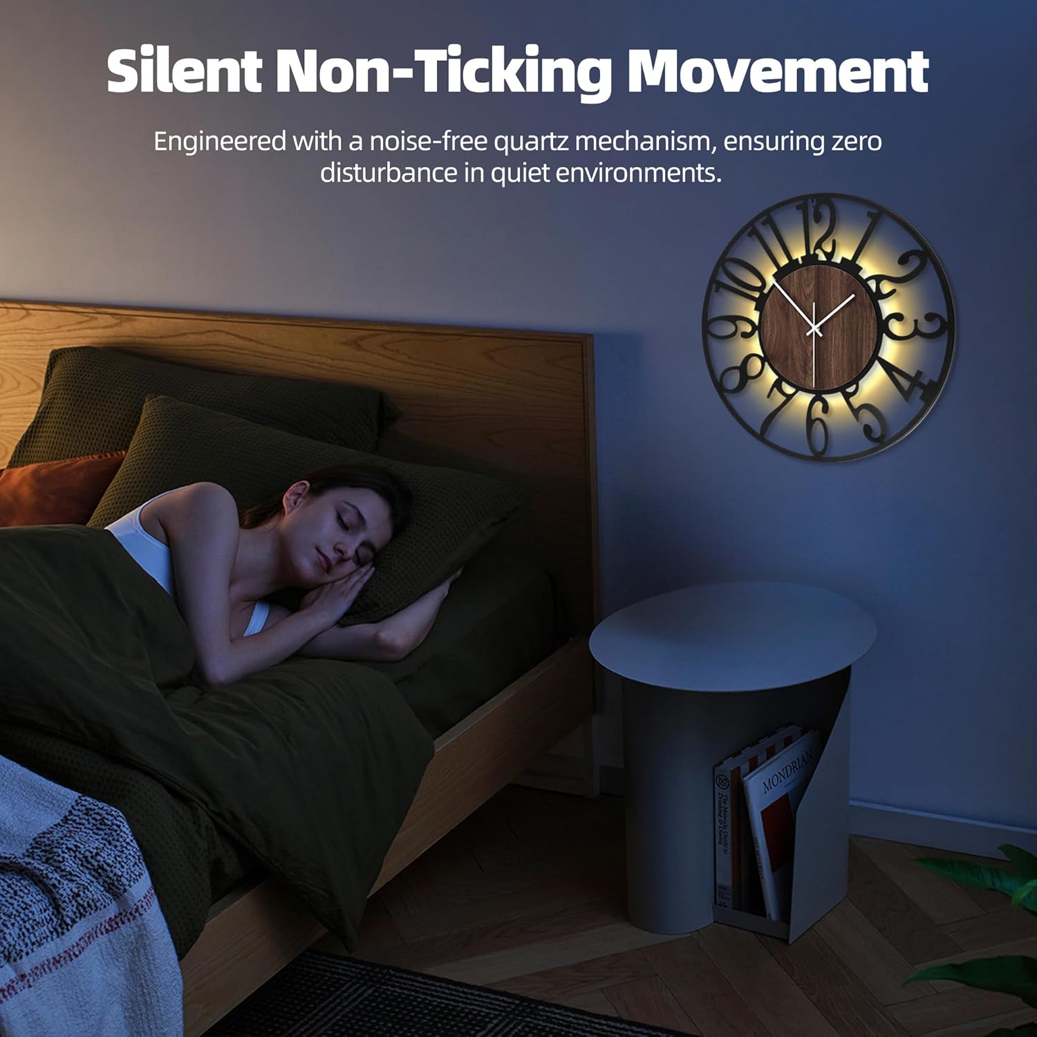 20 Inch Large Metal Wall Clock with Voice and Light Sensor Night Light, Glow in The Dark Non-Ticking Silent Battery Operated Decorative Oversized Wall Clock for Bedroom Living Room Decor