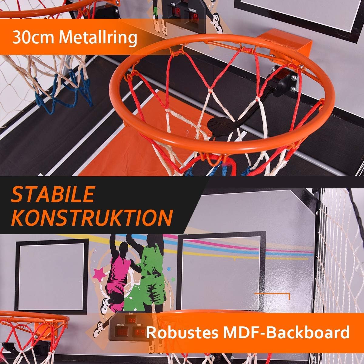 FANTASK 8 in 1 Basketballmaschine, elektrischer Basketballständer faltbar, Luftpumpe & 8 Spielmodi, Schießmaschine mit 4 Bällen, Arcade Basketball Kinderspiele, Grau