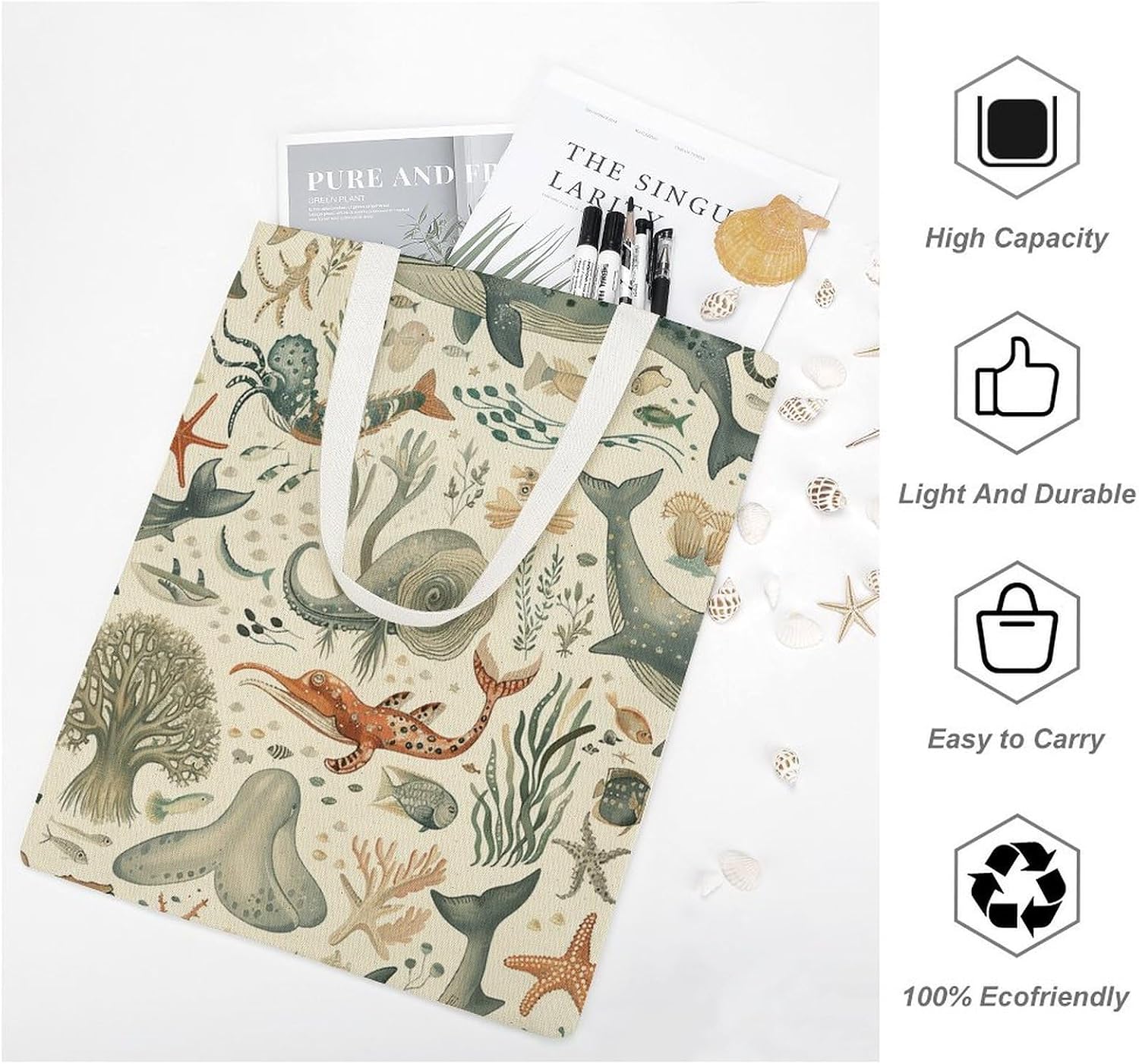 Canvas Tote Bag 16x15 In Lightweight Foldable Shoulder Hobo Purse | Marine Animal, Casual Tote with 10" Strap, Everyday Carryall, for Travel Work Grocery Shopping Beach Mark Gym Yoga