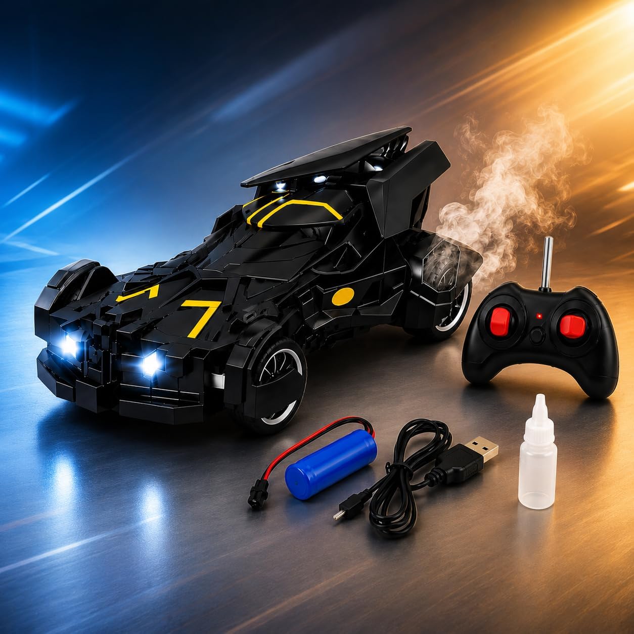 Remote Control Super car Batmobile with Mist Spray, High-Speed LED RC Car, USB Rechargeable, Racing Toy for Boys & Girls 3+, Black-image-19