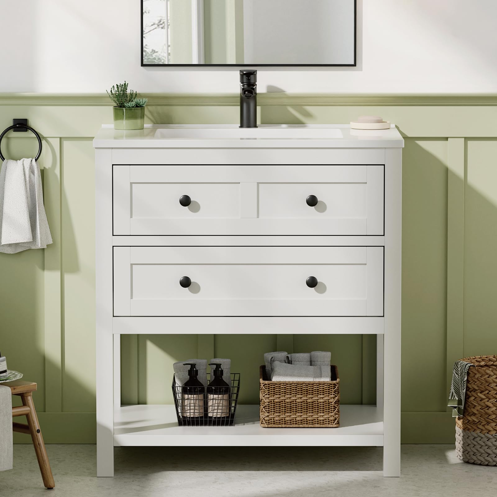 30 Inch Bathroom Vanity with Sink, Farmhouse Storage Cabinet with Drawers & Open Storage Shelf, Easy Assembly, Adjustable Feet, White(Box Open )