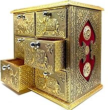 NETXE Wooden Handmade Drawer Pillar Indian Handicrafts Beautiful Handcrafted Horizontal 3 Layered With 6 CompartmentTable with Metallic Work | Multipurpose Jewellry Organizer Stand