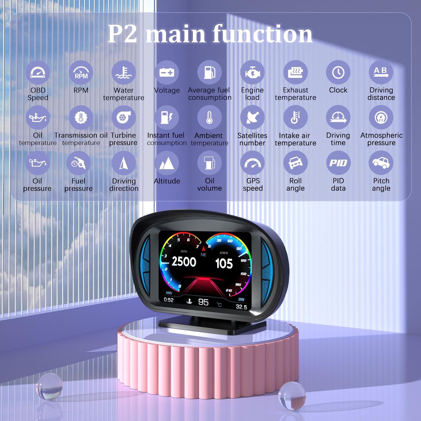 P2 HUD Pantalla de cabeza de coche, velocímetro inteligente GPS con advertencia de voltímetro de alarma de sobrevelocidad, HUD OBD2 Plus GPS sistema dual
