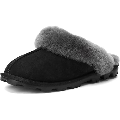 WaySoft Genuine Australian Sheepskin Women Slippers, 100% Shearling Hard Bottom Slippers for Women Indoor and Outdoor Warm Fuzzy Wool Slippers