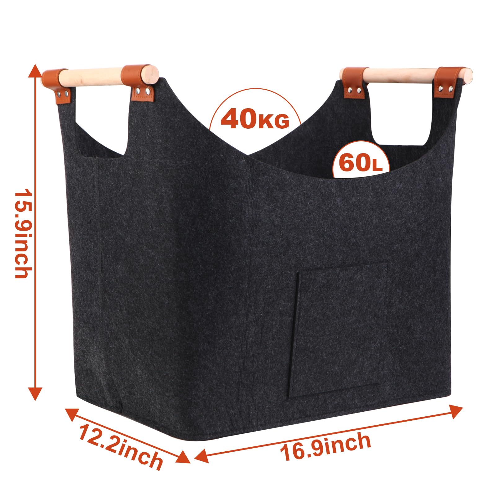 Panier à Bois De Cheminée Ezilif - Taille XL 60L - Pliable Avec Poignées En Bois Et Poche - Pour 50 Kg