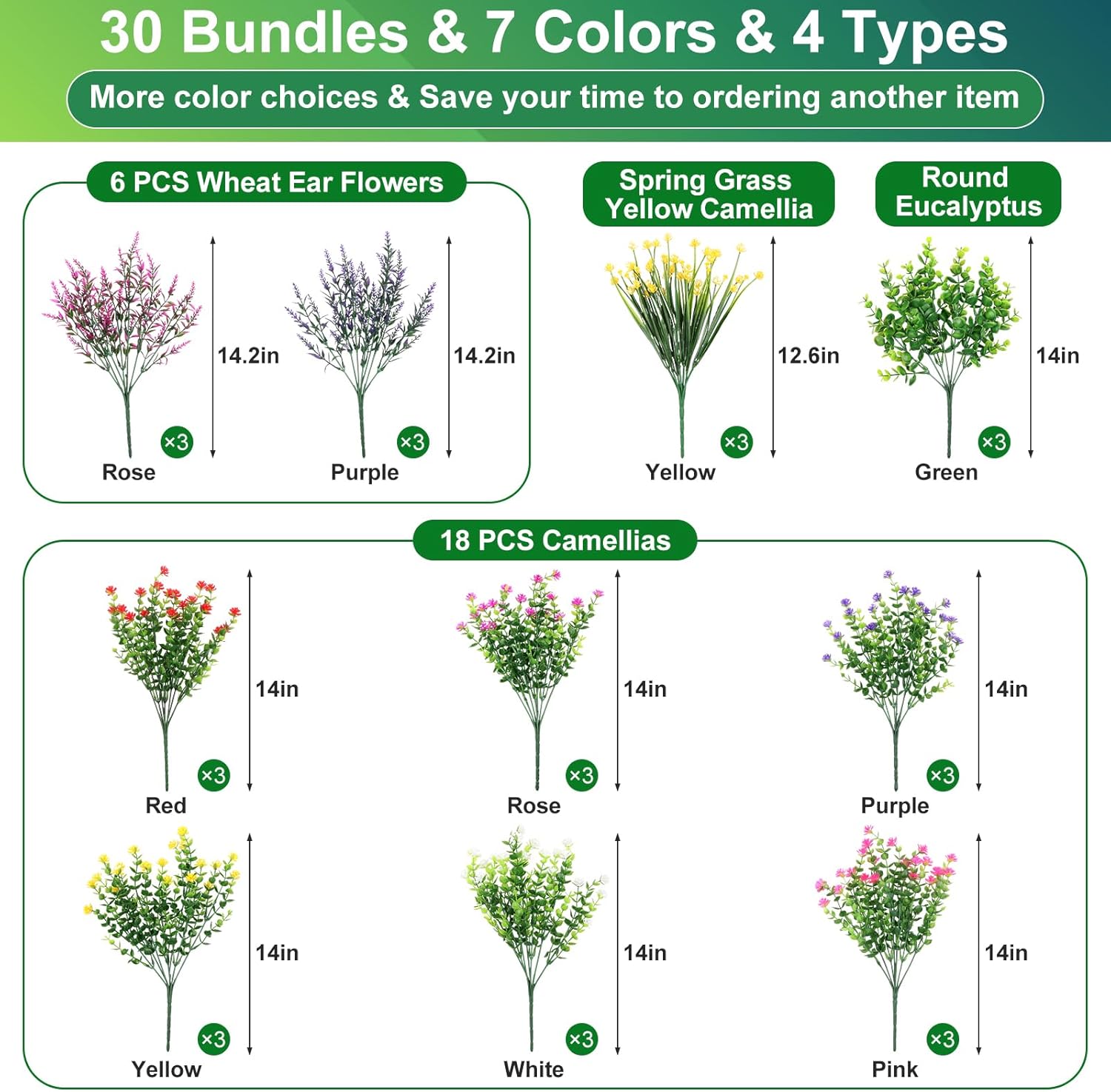 30 Bundles Artificial Flower Set - Realistic Outdoor & Indoor Decor, UV-Resistant, Waterproof, No Fade, 7 Colors - Perfect for Wedding, Patio, Garden, Home Decor (14" Tall) - Image 3