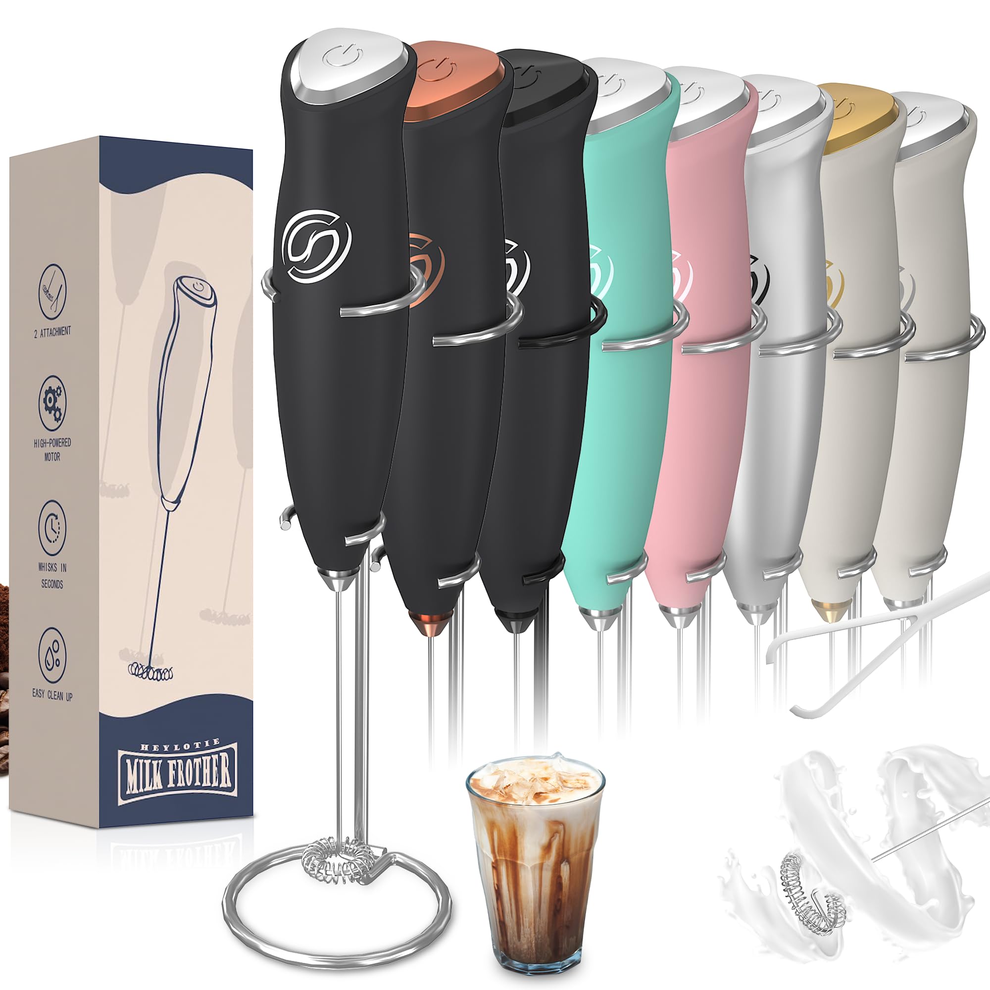 Espumador de leche con soporte, espumador de leche, espumador de café, mezclador de bebidas de mano con 2 batidores, agitadores eléctricos, espumador de leche eléctrico para mezclador de café