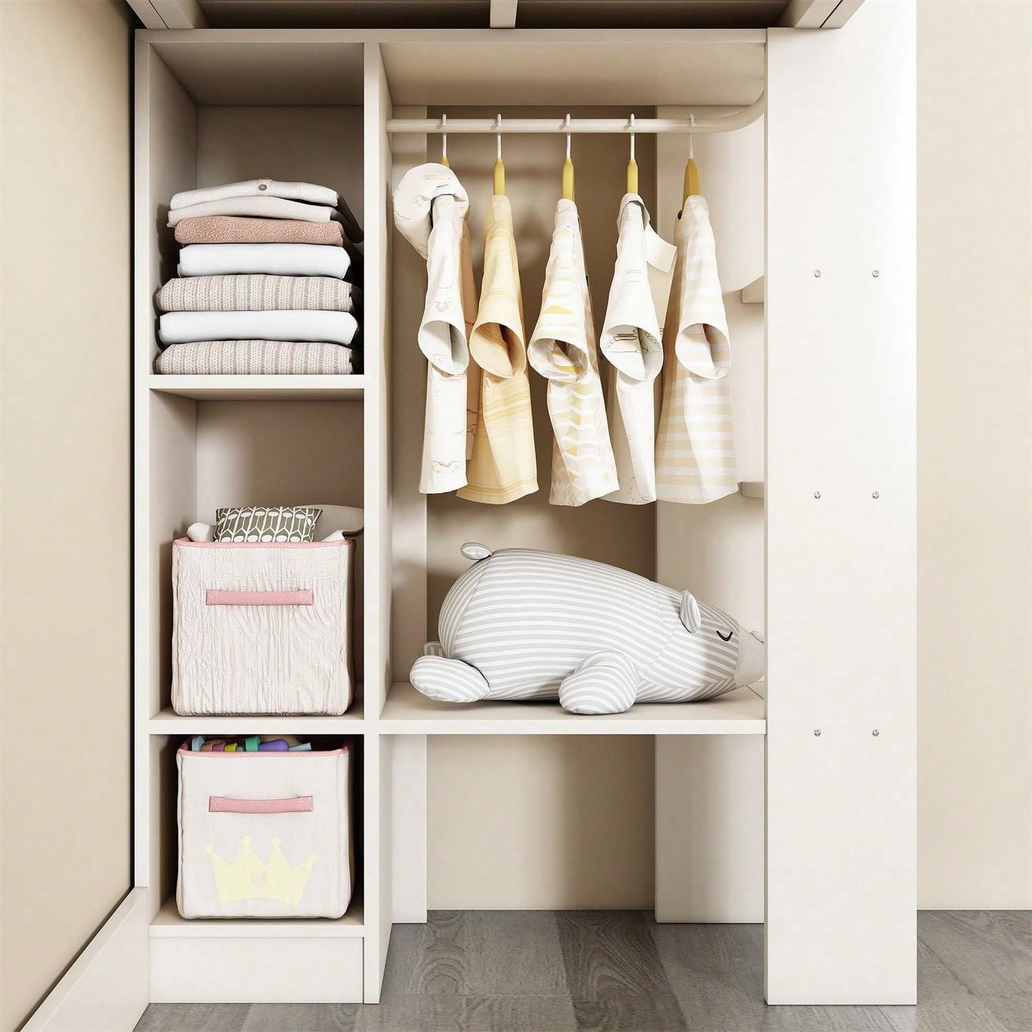 Close-up of the Sairedel Loft Bed's wardrobe and storage shelves