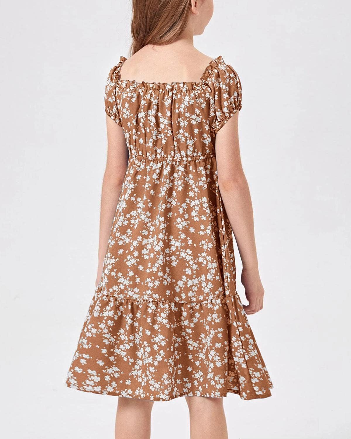 Girls Summer Dress Kids Floral Square Neck Puff Sleeve A-Line Midi Dresses - Image 2