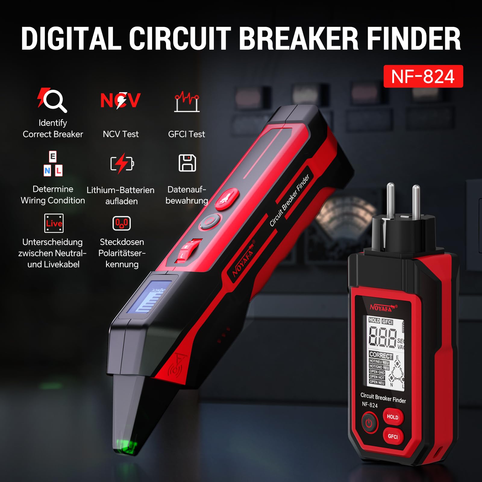 NOYAFA NF-824 Steckdosentester, Sicherungsfinder, Leistungsschalterfinder mit LCD-Display, berührungsloser Spannungsprüfer mit 240V Schuko-Steckdosenprüfer, NCV-Phasenprüfer, Kabelfinder/Stromprüfer