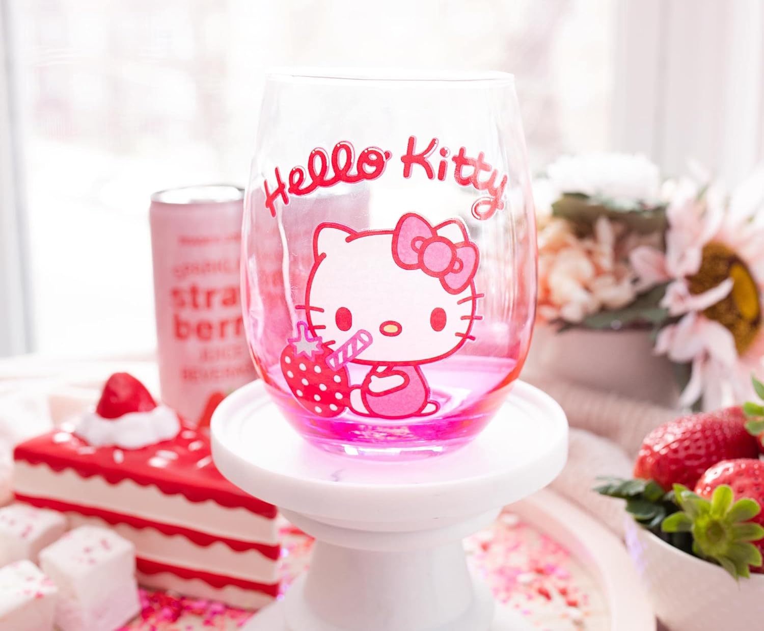 Toynk Sanrio Hello Kitty Strawberry Sip Stemless Wine Glass Tumbler Cup For Cocktails | Holds 20 Ounces