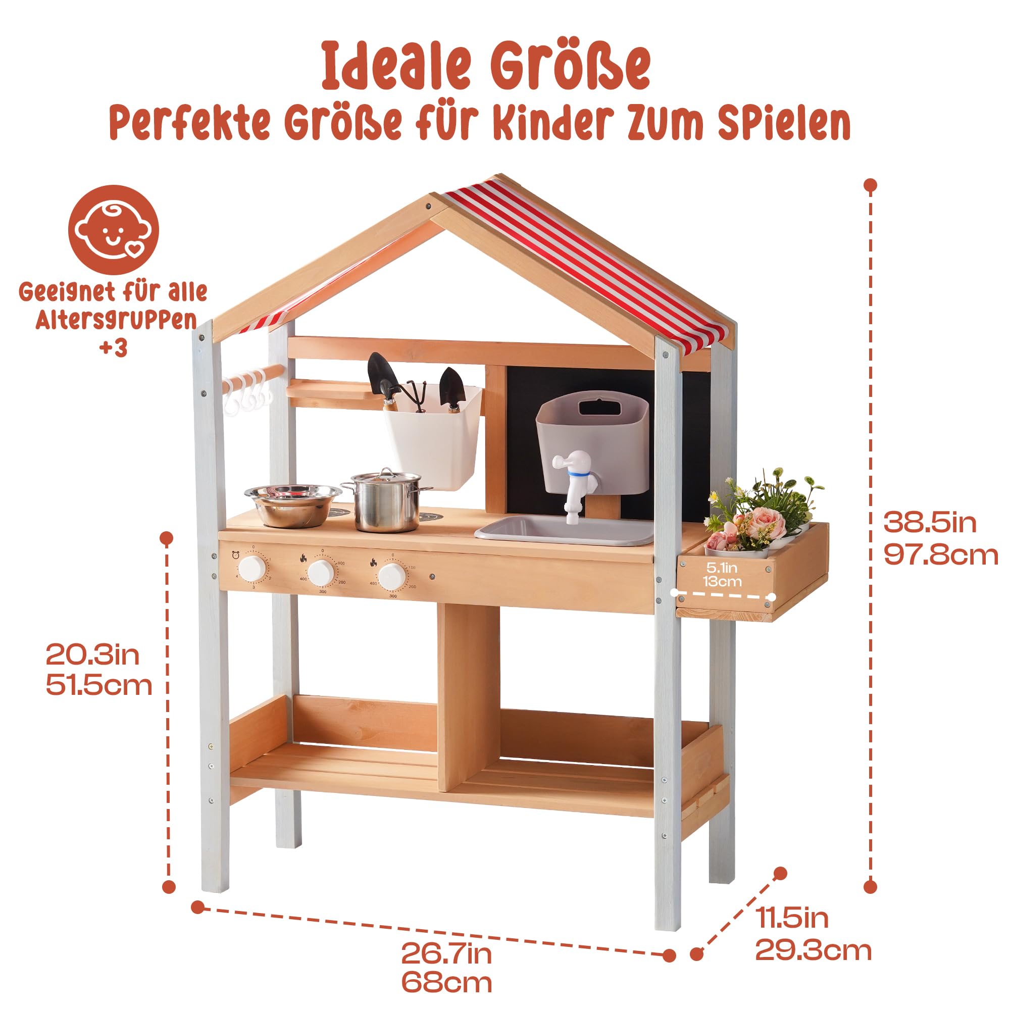ROBUD Matschküche Outdoor Holz mit Sonnendach, Spielküche Kinder Matschküche im Freien mit Pflanzkasten, Herd, Funktionierendem Wassertank, Wasserhahn & Spüle, Tafel, Spielküche Kinder ab 3 Jahren