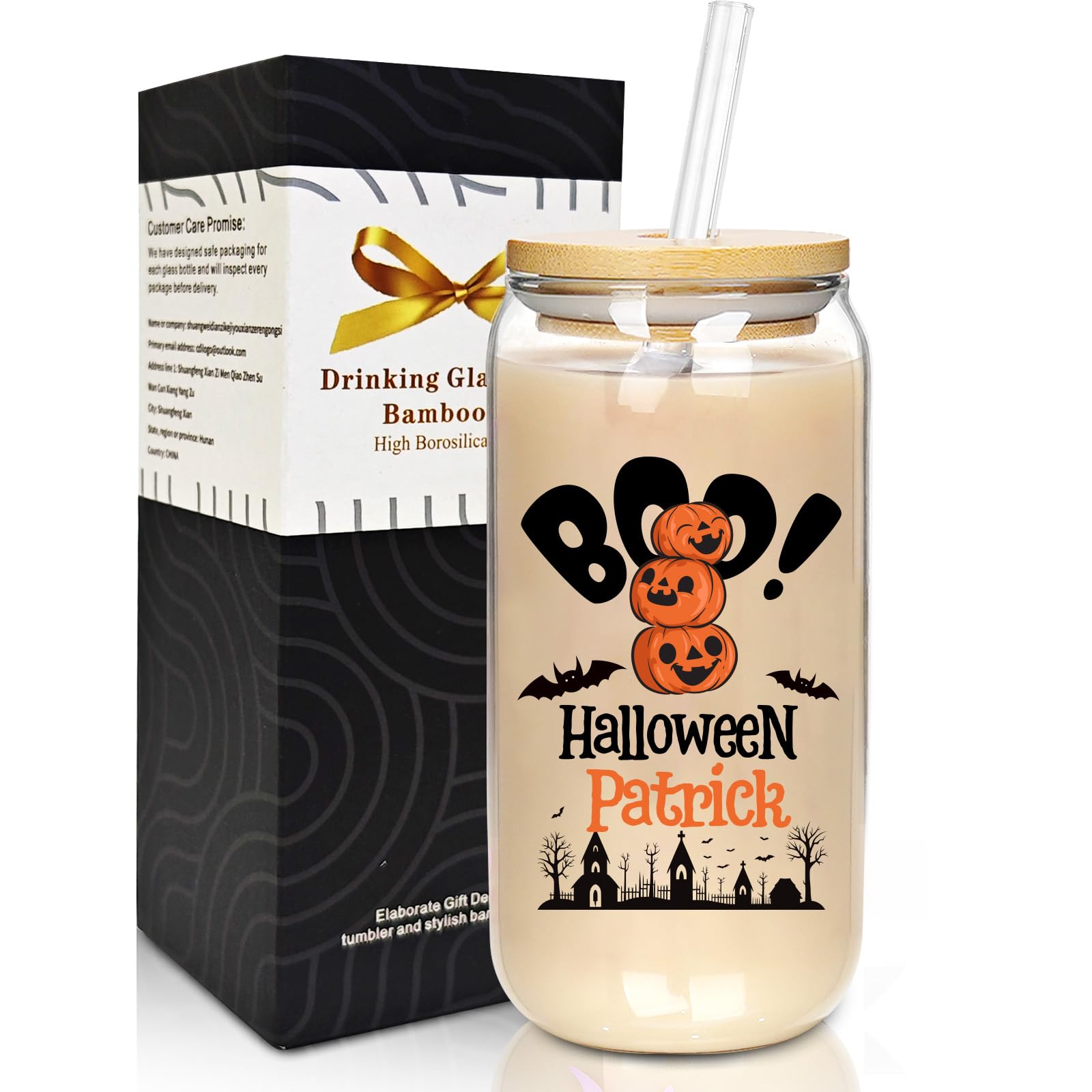Personalised Halloween Mugs-Personalised Glass Mug with Names- Can Shaped Glass with Lids and Straws18OZ -Halloween Gifts for Men Women Kids Son Daughter — image 1