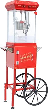 Popcorn Machine with Cart & Wheels 8OZ- Popcorn Maker with 800W Stainless Steel Kettle, pop corn Machine Maker for Home, Theater Style, Parties, Christmas, School, commercial, Outdoor Use, Red